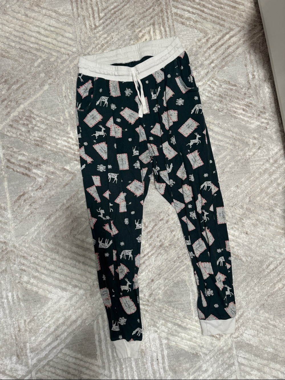 Burt's Bees Black Pajama Joggers with White Cuffs and Pink/White Print